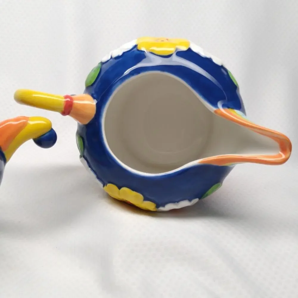 Department 56 Primrose Sugar Creamer Set Floral 3D Blue Yellow 1990s Vintage